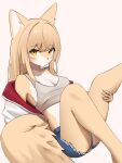  1girl animal_ear_fluff animal_ears animal_nose blonde_hair blush body_fur bra breasts closed_mouth fox_ears fox_girl fox_tail furry furry_female grey_bra highres jacket jeifier_(korfiorano01) large_breasts long_hair looking_at_viewer multicolored_clothes multicolored_jacket original shorts simple_background snout solo tail two-tone_fur two-tone_jacket underwear white_fur white_jacket yellow_eyes yellow_fur 