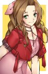  1340smile 1girl absurdres aerith_gainsborough breasts brown_hair cleavage closed_mouth dress english_commentary eyelashes final_fantasy final_fantasy_vii final_fantasy_vii_remake green_eyes highres jacket long_hair looking_at_viewer open_clothes open_jacket pink_dress red_jacket short_sleeves small_breasts smile solo 