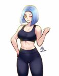  1girl arete_(fire_emblem) bare_shoulders black_sports_bra blue_hair bob_cut commission fire_emblem fire_emblem_fates hand_on_own_hip highres one_eye_closed pants rotomdocs smile solo sports_bra sportswear upper_body yellow_eyes yoga_pants 