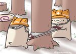  ._. absurdres closed_mouth goma_(gomasamune) hard_hat haskap helmet highres holding no_humans orange_headwear original outdoors saw smile standing tree twitter_username two-man_saw 