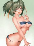  arched_back ass bare_shoulders bikini breasts commentary covered_nipples eyebrows frame_arms_girl fumio_(rsqkr) green_eyes green_hair kotobuki_bukiko large_breasts looking_at_viewer open_mouth side-tie_bikini solo swimsuit thick_eyebrows twintails 