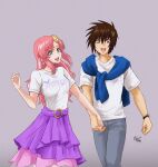  1boy 1girl blue_eyes brown_hair copyright_name couple grey_background gundam gundam_seed gundam_seed_freedom hair_ornament highres holding_hands kira_yamato lacus_clyne looking_at_viewer nagisa_(nagi7mayn) pink_hair purple_eyes purple_skirt shirt skirt smile watch white_shirt wristwatch 