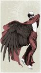  1boy arm_up barefoot bell7545 black_hair black_wings border cloak covered_mouth feathered_wings from_side full_body grey_background half-closed_eyes halo highres looking_to_the_side male_focus original outside_border red_cloak red_robe robe short_hair solo standing wings 