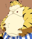 2024 anthro barely_visible_genitalia barely_visible_penis belly big_belly bodily_fluids censored clothing felid genitals hi_res humanoid_hands japanese_text kemono male mammal moobs navel nipples overweight overweight_male pantherine penis simple_background solo sweat text tiger tolsche underwear
