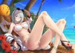  alternate_costume anklet arm_support armpits ass azur_lane baggy_clothes bangs bikini blue_eyes blurry blurry_background breasts cameltoe can chair cleavage closed_mouth coat collarbone commentary_request cross cross_earrings day earrings eba_uenihane eyebrows_visible_through_hair groin hair_between_eyes hand_on_eyewear head_tilt holding holding_can holding_eyewear jewelry large_breasts looking_at_viewer lounge_chair lying navel outdoors palm_tree parted_lips petals ring sandals scarf short_hair sidelocks silver_hair sitting skindentation solo sparkle stomach sunglasses swimsuit thighs tirpitz_(azur_lane) tree wedding_ring wet white_bikini white_coat white_scarf wind 