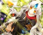  1boy 1girl alternate_costume black_hair book clairsh code:_nemesis_(elsword) elsword eve_(elsword) facial_mark forehead_jewel grass grey_hair hair_ornament jacket jewelry lap_pillow long_hair looking_at_viewer lying mechanical_ears multicolored_hair necklace on_back one_eye_closed raven_cronwell reckless_fist_(elsword) red_scarf scar scarf sitting smile spiked_hair two-tone_hair white_hair yellow_eyes 