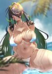  1girl absurdres alternate_costume antenna_hair arms_behind_back bikini black_hair blue_sky blurry blurry_background blurry_foreground blush breasts cleavage closed_mouth cloud cloudy_sky collarbone colored_inner_hair commentary day double-parted_bangs embarrassed feet_out_of_frame frown furrowed_brow goddess_of_victory:_nikke green_hair guilty_(nikke) hair_between_eyes hair_intakes highres large_breasts light_rays long_hair looking_at_viewer multicolored_hair navel o-ring o-ring_bikini ocean outdoors purple_eyes shun_hayakawa sitting sky solo spread_legs streaked_hair sunlight sweat swimsuit thick_thighs thighs two-tone_hair white_bikini 