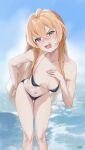  1girl absurdres aisaka_taiga arm_behind_back ass_visible_through_thighs bikini blonde_hair blue_bikini breasts brown_eyes collarbone fang groin hand_on_own_chest highres leaning_forward long_hair looking_at_viewer micro_bikini navel ocean open_mouth ryudraw signature sky small_breasts solo standing string_bikini swimsuit teeth thigh_gap thighs toradora! upper_teeth_only v-shaped_eyebrows 