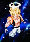  1boy abs black_footwear blonde_hair blue_eyes blue_sash collarbone dragon_ball dragon_ball_z galaxy gogeta highres metamoran_vest muscular muscular_male pants pectorals sash spiked_hair super_saiyan taaa vambraces white_pants 