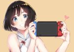  black_hair blue_eyes clenched_teeth coffee_(89551285) eyebrows_visible_through_hair game_console handheld_game_console heart holding_handheld_game_console looking_at_viewer nintendo_switch original short_hair simple_background sleeveless smile solo teeth upper_body yellow_background 