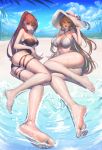 arm_support ass bangs barefoot beach bikini blue_sky blush breasts brown_hair character_name choker cleavage closed_mouth cloud collarbone dated day eyebrows_visible_through_hair feet girls_frontline green_eyes hair_between_eyes hair_ribbon hair_rings half_updo hand_on_headwear hat large_breasts legs long_hair long_legs long_sleeves looking_at_viewer lying m1903_springfield_(girls_frontline) multiple_girls one-piece_swimsuit one_side_up open_mouth outdoors palm_tree ponytail purple_hair red_eyes ribbon shaded_face shiny shiny_skin sidelocks signature skindentation sky smile soles suerte sun_hat swimsuit thigh_strap thighs tree very_long_hair wa2000_(girls_frontline) waves wet wet_clothes 
