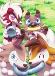  ambiguous_gender bowl canine detailed_background dusk_lycanroc feral food_bowl group kurou-karasu looking_at_viewer lycanroc mammal midday_lycanroc midnight_lycanroc nintendo outside pok&eacute;mon pok&eacute;mon_(species) rockruff video_games 