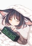  1girl animal_ear_fluff animal_ears bed_sheet black_hair blanket brown_eyes brown_hair brown_sweater cable clock closed_mouth commentary_request daidai_ookami digital_clock dutch_angle grey_background highres long_sleeves multicolored_hair one_eye_closed original ribbed_sweater simple_background solo streaked_hair sweater under_covers wide_sleeves 