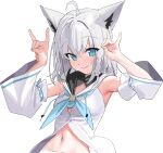  1girl ahoge animal_ear_fluff animal_ears arms_up bare_shoulders blue_eyes braid commentary_request detached_sleeves double_fox_shadow_puppet fox_ears fox_shadow_puppet grey_hair hair_between_eyes highres hololive hood hood_down kanzarin long_hair long_sleeves looking_at_viewer navel shirakami_fubuki simple_background solo upper_body virtual_youtuber white_background white_sleeves wide_sleeves 