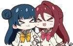  &gt;_&lt; 2girls :d absurdres arm_at_side blue_hair blunt_bangs blush bow buttons center-flap_bangs cheek-to-cheek chibi chibi_only closed_eyes closed_mouth double-breasted facing_another grabbing_another&#039;s_arm grey_sailor_collar grey_skirt hair_between_eyes hair_bun half_updo heads_together highres long_hair long_sleeves love_live! love_live!_sunshine!! multiple_girls oofushi_ao open_mouth red_bow red_hair sailor_collar sakurauchi_riko school_uniform serafuku sidelocks signature single_side_bun skirt smile tsushima_yoshiko uranohoshi_school_uniform winter_uniform xd yellow_bow yuri 