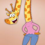 anthro blue_bottomwear blue_clothing blue_pants bottomwear cartoon_network clothed clothing female flat_colors giraffe giraffid hi_res horn ingrid_giraffe long_neck looking_at_viewer mammal markings my_gym_partner&#039;s_a_monkey open_mouth pants pink_clothing pink_topwear scobionicle99 smile solo spots spotted_markings toony topwear