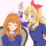  2girls aikatsu! aikatsu!_(series) blonde_hair blue_jacket blush bow closed_eyes hair_bow hairband highres hoshimiya_ichigo jacket looking_at_another medium_hair miyahara_takuya multiple_girls open_mouth orange_hair ozora_akari red_eyes school_uniform smile starlight_academy_school_uniform tiara upper_body 