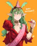  1girl alternate_costume alternate_hairstyle blush bracelet breasts cleavage collarbone commentary dress earrings english_commentary fingernails fire_emblem fire_emblem_awakening green_eyes green_hair green_nails grin hair_between_eyes hair_ornament happy_birthday hat highres jewelry long_hair party_hat pointy_ears red_dress sakuremi short_sleeves signature simple_background smile solo tiki_(fire_emblem) wavy_hair yellow_background 
