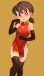  1girl alternate_costume blush brown_hair china_dress chinese_clothes cup doraemon dress drinking_glass elbow_gloves gloves highres holding holding_cup kahnapuf minamoto_shizuka red_dress short_dress short_twintails side_slit solo thighhighs twintails wine_glass 