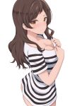  1girl absurdres ass blush bottomless breasts brown_hair cleavage highres houki_(tonburi) idolmaster idolmaster_million_live! kitazawa_shiho long_hair looking_at_viewer looking_to_the_side medium_breasts shirt short_sleeves simple_background solo striped_clothes striped_shirt white_background 