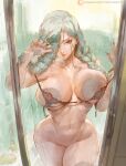  1girl bare_shoulders bikini black_bikini braid braided_bangs breasts cleavage collarbone cutesexyrobutts grey_eyes hair_over_one_eye highres jujutsu_kaisen large_breasts long_hair looking_at_viewer mei_mei_(jujutsu_kaisen) micro_bikini navel nipples shower_(place) smile solo swimsuit thighs wet white_hair wide_hips 