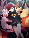 3:4 ambiguous_gender bow_(anatomy) clothed clothing eeveelution eyewear female feral flareon generation_1_pokemon generation_2_pokemon generation_6_pokemon glasses group hi_res human idkuroi mammal nintendo penny_(pokemon) pokemon pokemon_(species) sylveon umbreon vaporeon