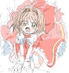  1girl blush bow brown_hair cardcaptor_sakura child crying dress gloves green_eyes kinomoto_sakura kokaki_mumose magical_girl on_floor pink_dress pink_headwear red_bow short_hair solo white_gloves 