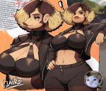 00niine 2024 anthro ape background_text beauty_mark big_breasts black_clothing blonde_highlights bottomwear breasts brown_body brown_fur brown_hair claire_(redustheriotact) clothed clothing digital_media_(artwork) ear_piercing ear_ring english_text eyebrows eyelashes female fully_clothed fur hair hand_on_hip haplorhine hi_res highlights_(coloring) huge_breasts jacket lips looking_down mammal monkey navel piercing primate ring_piercing shorts smile solo text thick_lips thick_thighs topwear