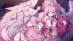  1girl animated animated_gif blush bonnet bow eve_(eversoul) eversoul feathers flower frilled_sleeves frills game_cg gloves grey_eyes hair_bow lolita_fashion long_hair non-web_source official_art pink_flower pink_hair pink_rose rose wings 
