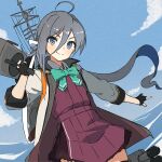  1girl absurdres adapted_turret ahoge aqua_bow aqua_bowtie bigkwl black_gloves blue_sky bow bowtie cannon cloud coat cowboy_shot day gloves grey_coat grey_eyes grey_hair grey_pantyhose hair_between_eyes highres kantai_collection kiyoshimo_(kancolle) kiyoshimo_kai_ni_(kancolle) long_hair low_twintails mast ocean outdoors pantyhose partially_fingerless_gloves sky smile solo torpedo_launcher turret twintails very_long_hair water 