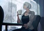  1girl absurdres black_tank_top breasts chair cleavage collared_shirt cup earrings glasses highres holding holding_cup jewelry kyo_(kuroichigo) large_breasts looking_outside midriff necklace original shirt silo sitting sleeves_rolled_up solo table tank_top white_hair window 