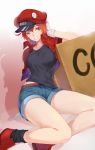  ae-3803 ahoge belt black_legwear black_shirt box breasts cabbie_hat clenched_teeth denim denim_shorts gloves gradient gradient_background hand_on_own_head hat hataraku_saibou highres jacket karasu_kame_ex medium_breasts midriff one_eye_closed pain red_background red_blood_cell_(hataraku_saibou) red_footwear red_hair red_hat red_jacket shadow shirt shoes short_hair short_shorts shorts simple_background sitting socks solo teeth white_background white_gloves 