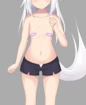  1girl animal_ears bandaid bandaids_on_nipples black_shorts blush breasts closed_mouth collarbone commentary_request fox_ears fox_girl fox_tail grey_background hand_up head_out_of_frame highres kuronagi_(mitora_uwu) long_hair navel open_clothes open_fly open_shorts original panties pasties short_shorts shorts simple_background small_breasts smile solo tail topless underwear white_hair white_panties 