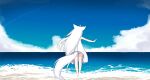  1girl absurdres ahoge animal_ears bare_arms bare_shoulders barefoot blue_sky cloud commentary_request day dress facing_viewer fox_ears fox_girl fox_tail from_behind highres horizon kuronagi_(mitora_uwu) long_hair ocean original outdoors outstretched_arms panties running sky solo tail underwear very_long_hair water white_dress white_hair white_panties 