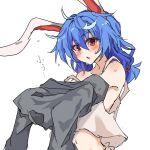  1girl animal_ears blue_hair blush commentary_request looking_at_viewer medium_hair messy_hair mifutatsu open_mouth rabbit_ears rabbit_girl red_eyes seiran_(touhou) simple_background solo touhou upper_body white_background 