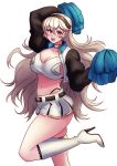 1girl :d absurdres alternate_costume arm_up black_hairband boots cheerleader commentary corrin_(female)_(fire_emblem) corrin_(fire_emblem) crop_top fire_emblem fire_emblem_fates foot_out_of_frame grey_hair hairband hand_up high_heel_boots high_heels highres juliet_sleeves knee_boots long_hair long_sleeves looking_at_viewer midriff miniskirt navel open_mouth puffy_sleeves red_eyes shirt skirt smile solo standing standing_on_one_leg stomach thighs very_long_hair white_footwear white_shirt white_skirt will_(willanator93) 