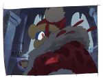  1boy coat fur-trimmed_coat fur_trim in-universe_location indoors king_dedede kirby_(series) kirby_and_the_forgotten_land looking_at_viewer male_focus no_humans nt_26 pillar pom_pom_(clothes) red_coat red_eyes solo star_(symbol) 