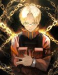  1boy armband black_background blonde_hair chain choujin_x glasses gold_chain higashi_azuma_(choujin_x) ishida_sui jacket looking_at_viewer military_uniform official_art parted_hair red_jacket red_uniform serious uniform yellow_eyes 