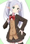  1girl absurdres aikawa_ryou alternate_costume black_jacket blazer blush bow cardigan_vest closed_mouth collared_shirt commentary_request dress_shirt earrings elf forehead frieren green_background green_eyes grey_hair grey_skirt hand_on_own_hip hand_up highres jacket jewelry long_hair looking_at_viewer open_clothes open_jacket parted_bangs plaid plaid_skirt pleated_skirt pointy_ears red_bow school_uniform shirt sidelocks skirt solo sousou_no_frieren thick_eyebrows twintails two-tone_background very_long_hair white_background white_shirt 