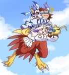  1boy :3 :d ^^^ ahoge animal_ears antennae bird_legs bird_tail blue_sky bodysuit brown_hair carrying cat_ears chest_guard claws closed_mouth cloud covered_eyes day digimon digimon_(creature) digitigrade english_commentary fangs fangs_out feathered_wings floating flying_sweatdrops full_body gabumon head-mounted_display highres horns huge_ahoge isso_(thatsquirrelly) kunemon looking_back lunamon male_focus medium_hair notice_lines open_mouth pointing purple_eyes rabbit red_eyes sharp_teeth shoulder_pads silphymon single_horn sky smile solo_focus sweat tail talons teeth white_bodysuit winged_arms wings worm 