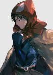  1boy absurdres ashitaka cowboy_shot fingerless_gloves gloves highres hood looking_down male_focus mononoke_hime profile red_hood short_hair simple_background solo sparkle straw_cape torinodesu4 