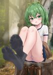  1girl :d absurdres ass bare_arms bare_legs black_skirt black_socks blurry blurry_background blush boots bow brown_bow brown_jacket cameltoe crossed_ankles crossed_bangs dot_nose feet foot_focus full_body greek_toe green_eyes green_hair hair_between_eyes highres jacket knees_up legs looking_at_viewer lts_kakuyo medium_hair no_shoes open_mouth outdoors panties pleated_skirt ponytail presenting_foot shirt short_sleeves sidelocks sitting skirt smile socks soles solo steaming_body toes tree_stump underwear unworn_boots unworn_jacket white_panties white_shirt wynn_(yu-gi-oh!) wynn_the_wind_charmer yu-gi-oh! 