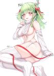  1girl absurdres areola_slip ass bare_shoulders blush breasts ceres_fauna commentary detached_sleeves green_eyes green_hair highres hololive hololive_english large_breasts looking_at_viewer meme_attire mole mole_under_eye open_mouth psypolo_d red_ribbon ribbed_sweater ribbed_thighhighs ribbon seiza sideboob simple_background sitting sleeves_past_wrists solo sweater thick_thighs thighhighs thighs twisted_torso virgin_destroyer_sweater white_background white_sweater white_thighhighs 