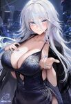  1girl alice_vu azur_lane black_dress breasts building cleavage colored_eyelashes dress highres looking_at_viewer night side_slit skyline skyscraper solo sovetsky_soyuz_(azur_lane) sovetsky_soyuz_(skyfall_agent)_(azur_lane) strap_gap twitter_username upper_body white_eyes white_hair 