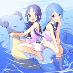 :o afloat bare_arms bare_legs barefoot blue_eyes blue_hair blush commentary crossover dated gen_1_pokemon green_eyes hair_ribbon highres horn kantai_collection lapras long_hair looking_at_viewer minidraco multiple_girls multiple_riders neckerchief pokemon pokemon_(creature) ribbon riding sailor_collar samidare_(kantai_collection) sidesaddle smile suzukaze_(kantai_collection) water 