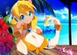  alia_(mega_man) bare_shoulders beach bikini blonde_hair blue_eyes blue_sky breasts cleavage cocktail drinking_straw flower hand_on_own_face kaidou_zx large_breasts looking_at_viewer medium_hair mega_man_(series) mega_man_x_(series) mega_man_x_dive ocean official_art orange_bikini palm_tree robot_ears robot_girl sky swimsuit table tree upper_body wooden_table 