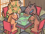  afterimage animal_focus bridle chair chibi commentary gambling horse mahjong mahjong_tile meiner_kitz_(racehorse) minimized motion_lines nakayama_festa_(racehorse) no_humans nodding oken_bruce_lee_(racehorse) real_life sitting stable suzuka_phoenix_(racehorse) takatsuki_nato 