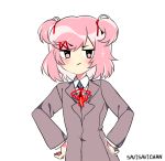  :/ :d animated animated_gif artist_name commentary deal_with_it doki_doki_literature_club english_commentary hair_ornament hair_ribbon hairclip hand_on_hip hands_on_hips looking_at_viewer meme natsuki_(doki_doki_literature_club) open_mouth pink_eyes pink_hair ribbon savi_(byakushimc) school_uniform short_hair simple_background smile solo sunglasses two_side_up upper_body white_background 