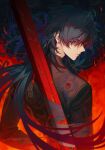  1boy black_hair blade_(honkai:_star_rail) closed_mouth ear_piercing earrings furrowed_brow highres honkai:_star_rail honkai_(series) jewelry long_hair long_sleeves looking_back mincho piercing red_eyes sword upper_body weapon 