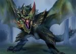  absurdres black_sclera blurry blurry_background bush colored_sclera dragon embers espinas fire fujikura green_scales highres horns looking_at_viewer monster monster_focus monster_hunter_(series) nostrils open_mouth pointy_ears scales sharp_teeth solo spiked_tail spikes spread_wings standing tail teeth tree wings wyvern yellow_eyes 